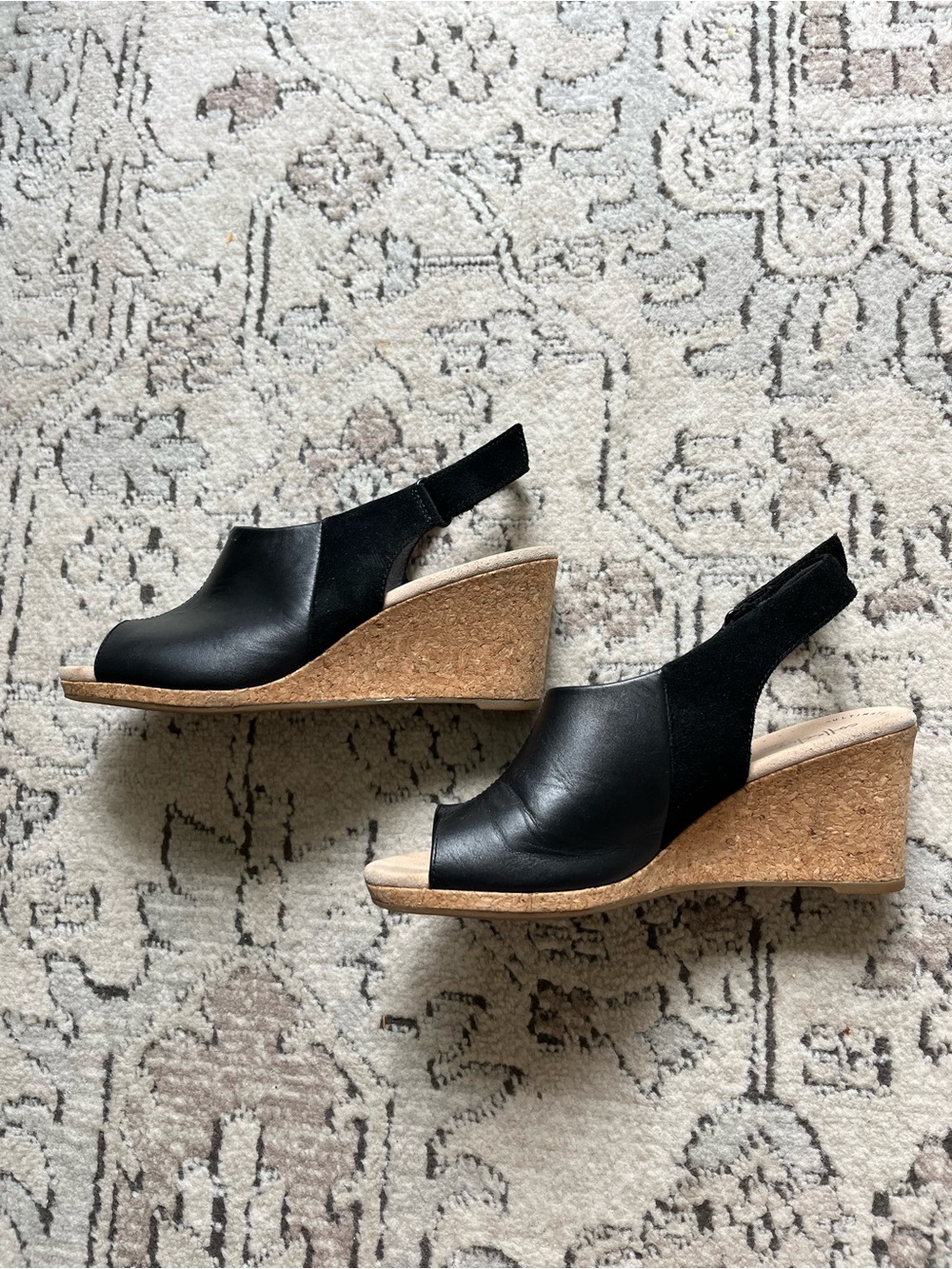 Clarks Lafley Jess Leather Slingback Cork Wedge Sandals - Black Size 7.5